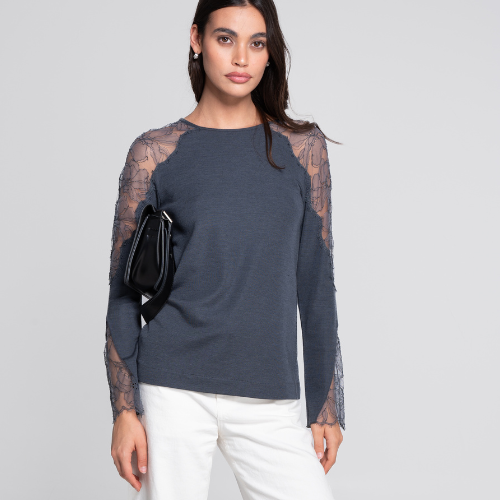 Wool and Silk Long Sleeve with Lace 7603 by Oscalito - Image 4